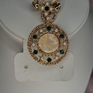 Vintage Faux Watch Faux Pearl Green Crystal Stone Dangle Bow Gold Tone Brooch